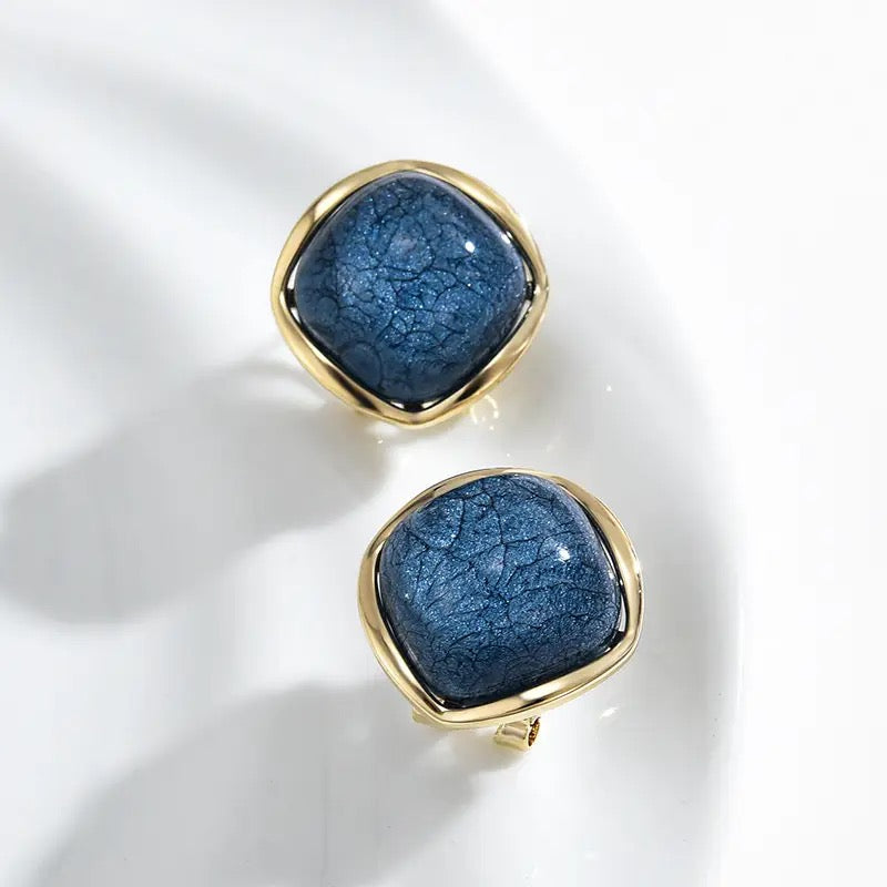 Blue Scratched Pearl Gold Stud Earrings with 925 Sterling Silver Post