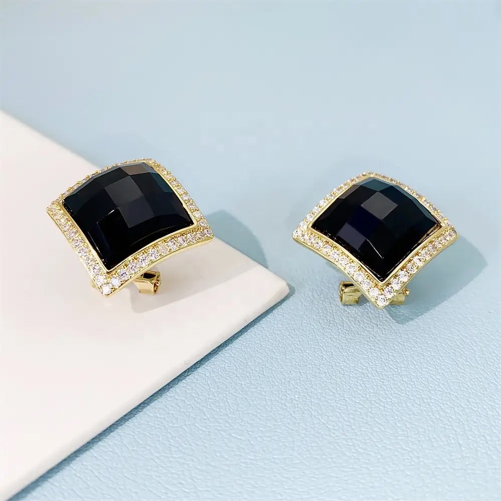 Black Stone Zirconia Stud Earrings with 925 Sterling Silver Post