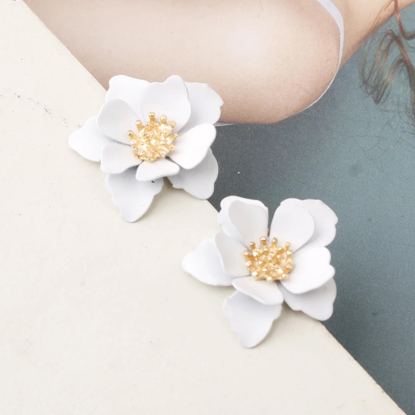 White Multi Leaves Floral Stud Earrings