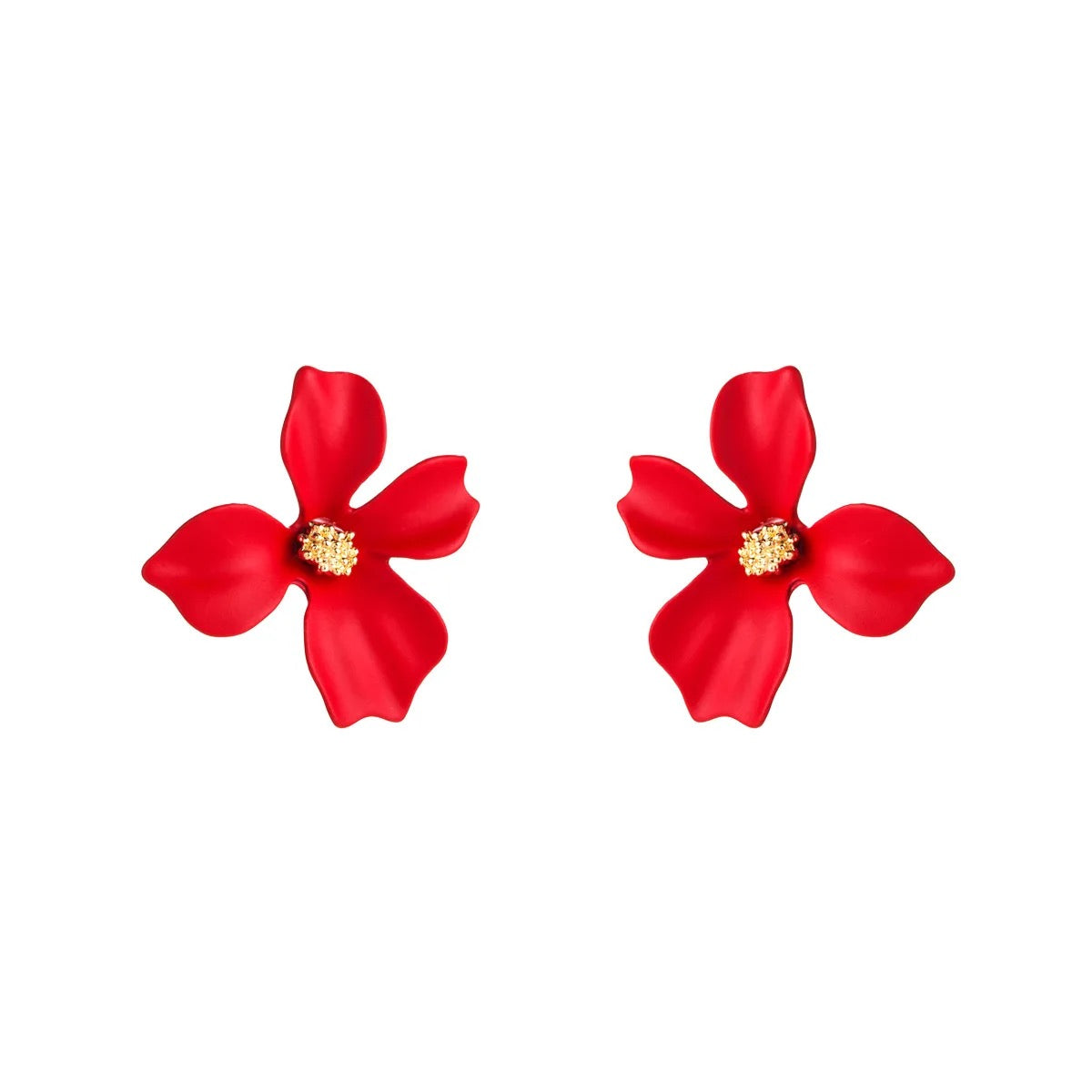 Red Four Leaves Floral Shaped Stud Earrings