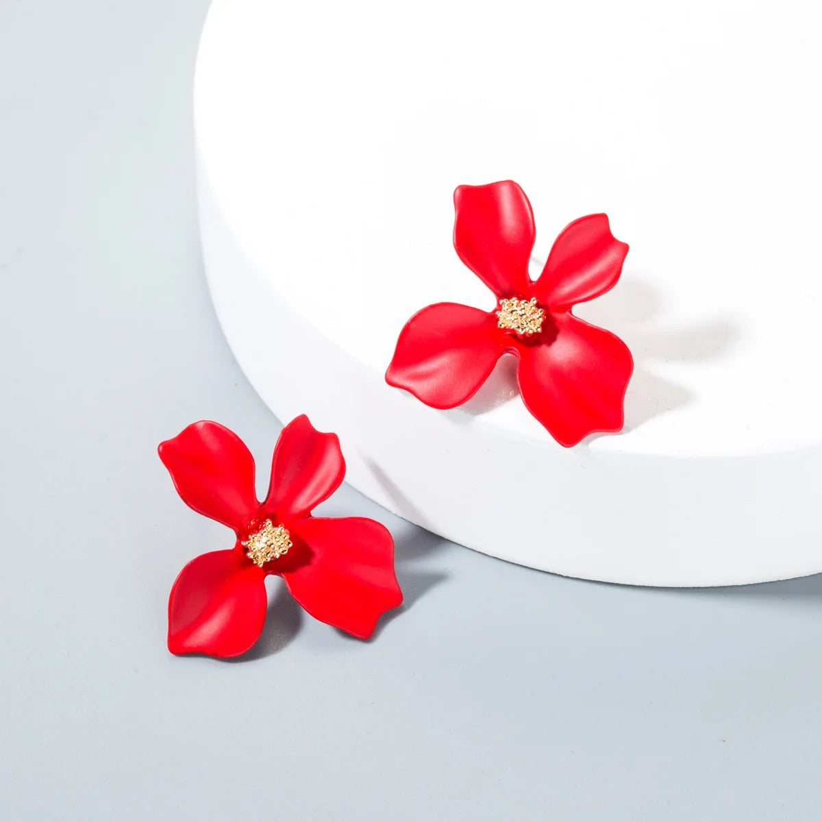 Red Four Leaves Floral Shaped Stud Earrings