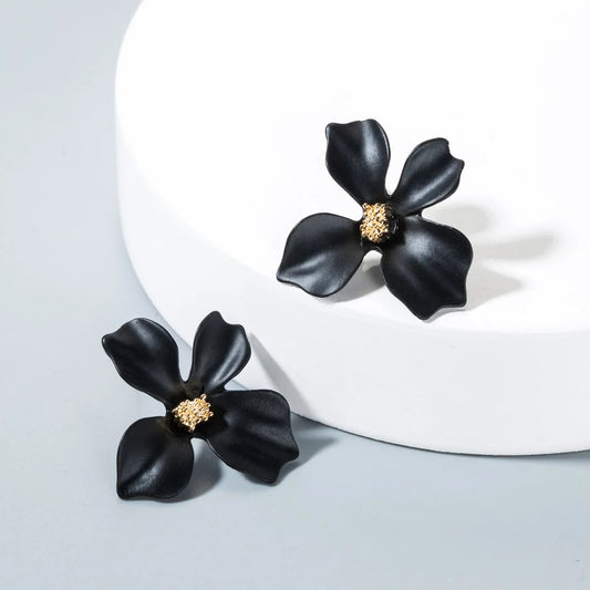 Black Four Leaves Floral Stud Earrings