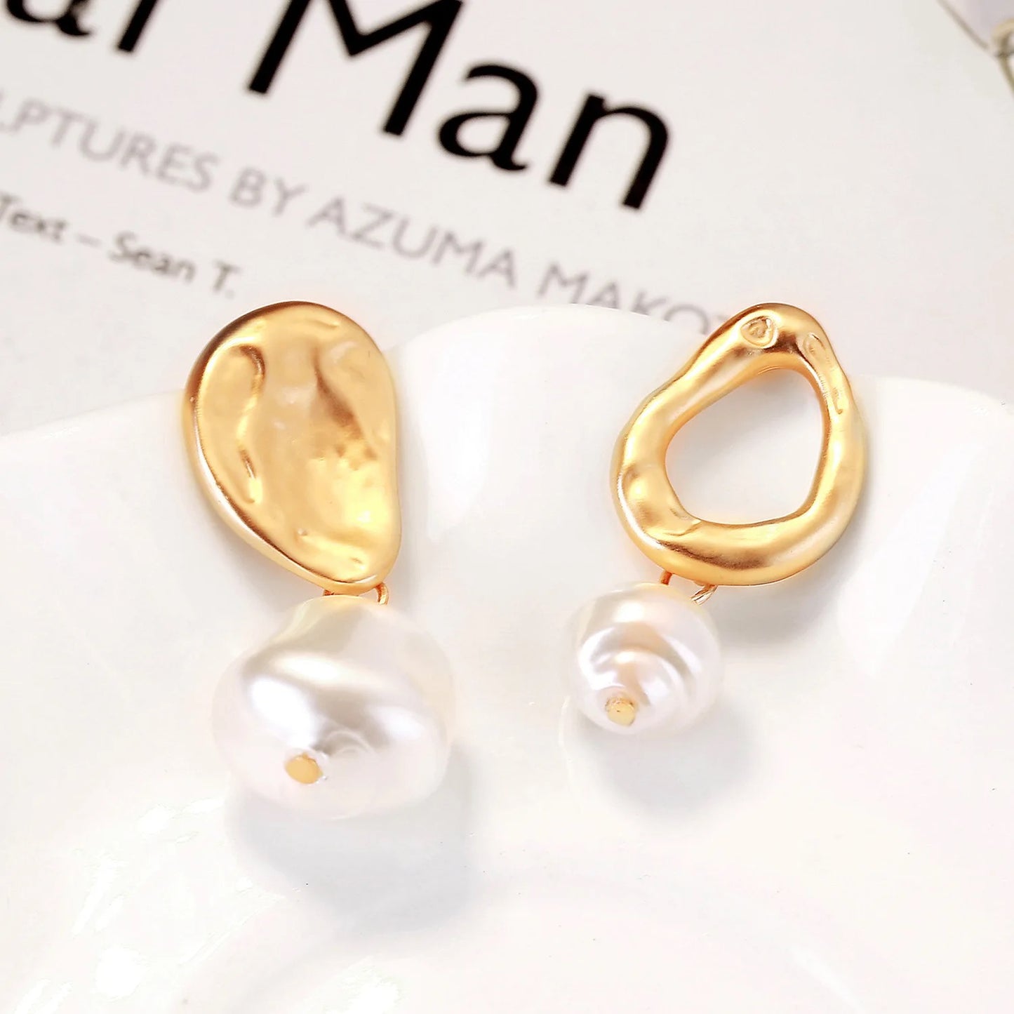 Gold White Pearls Textured Drop Earrings