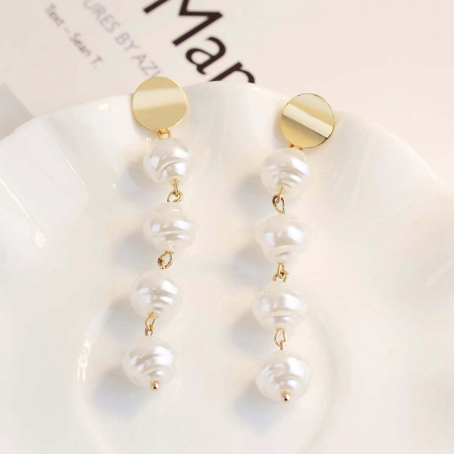 White Pearls Beaded Gold Drop Earrings