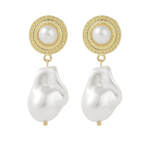 White Pearl Gold Drop Earrings