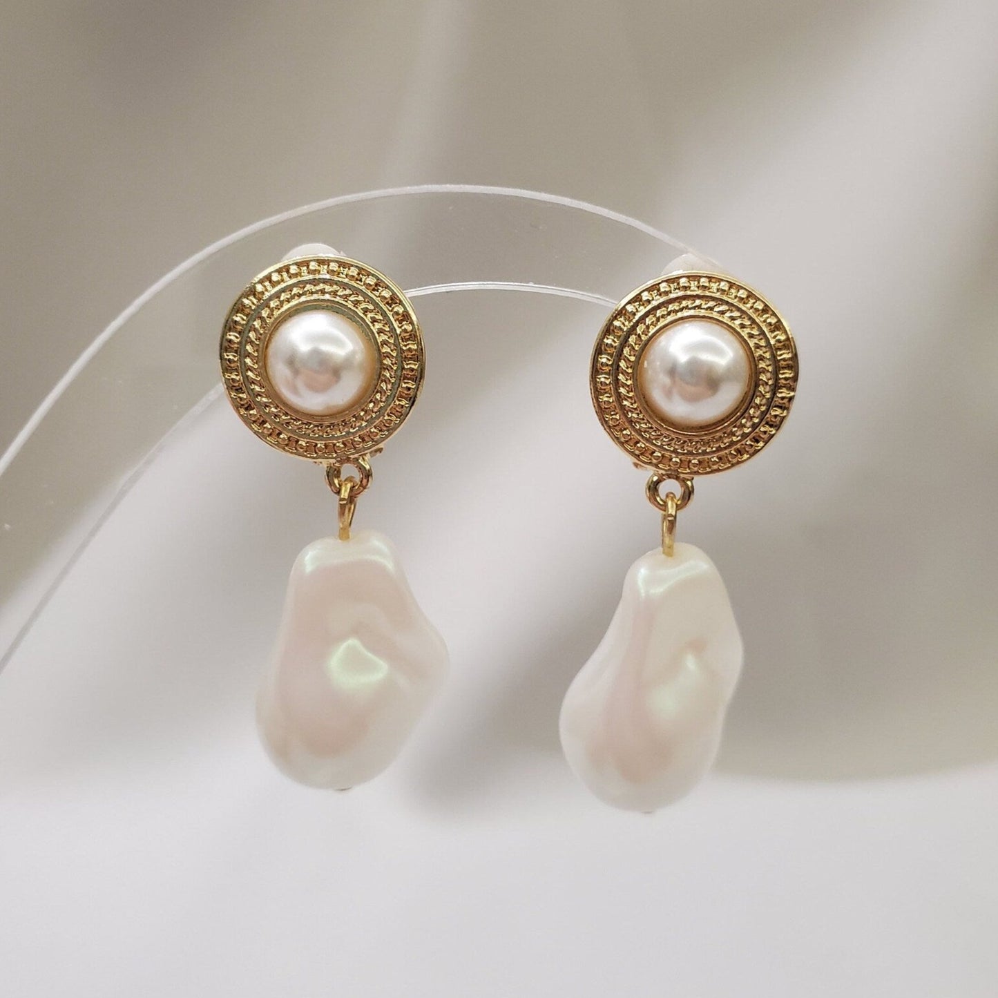 White Pearl Gold Drop Earrings