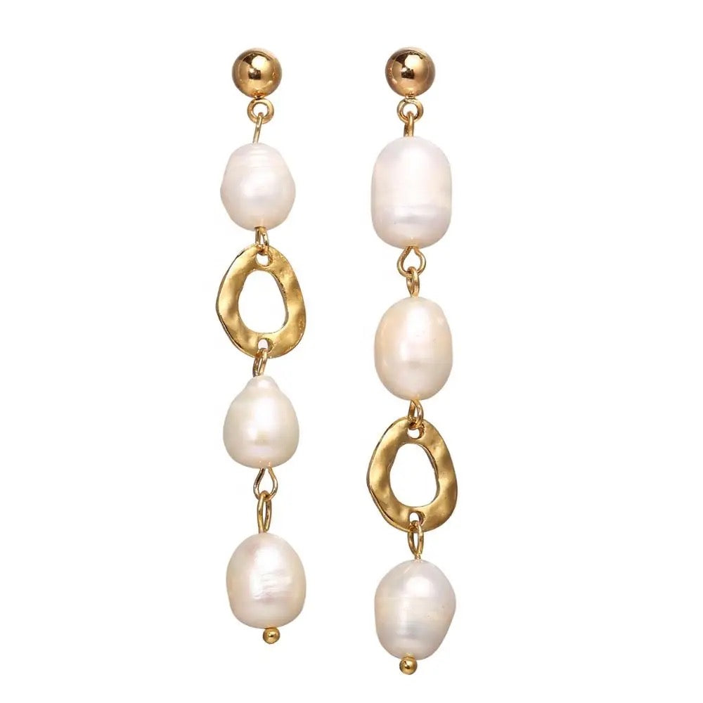 White Pearls and Multi Shapes Beaded Drop Earrings