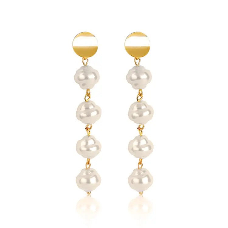 White Pearls Beaded Gold Drop Earrings