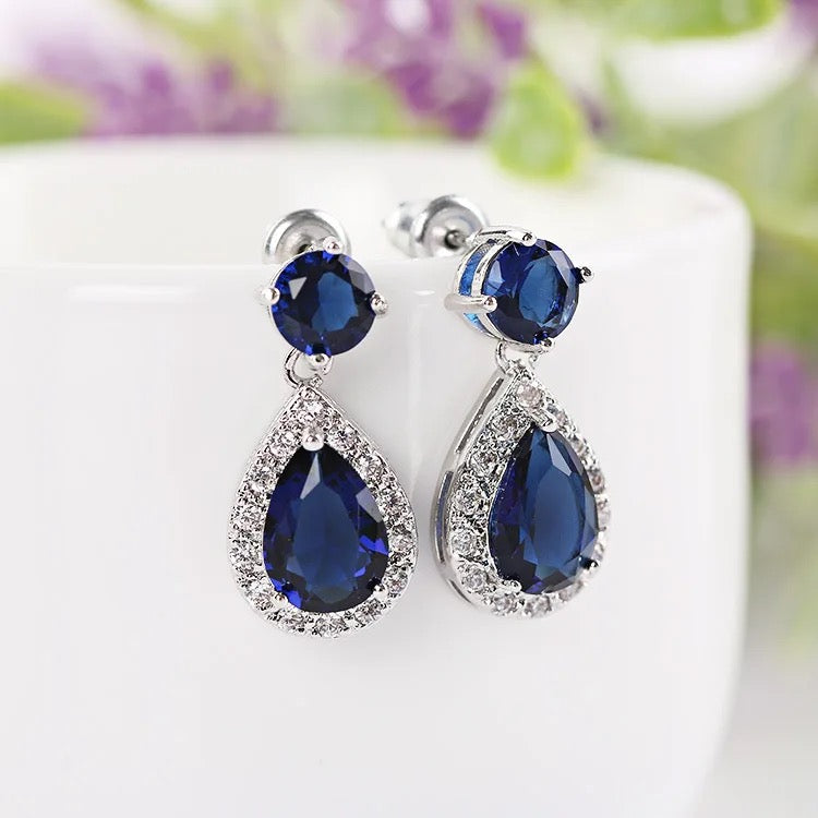 Bridal Elegant Midnight Blue Diamente Drop Earrings