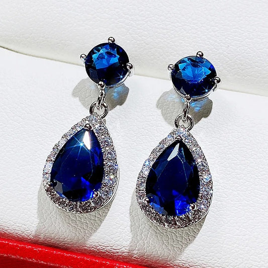 Bridal Elegant Midnight Blue Diamente Drop Earrings