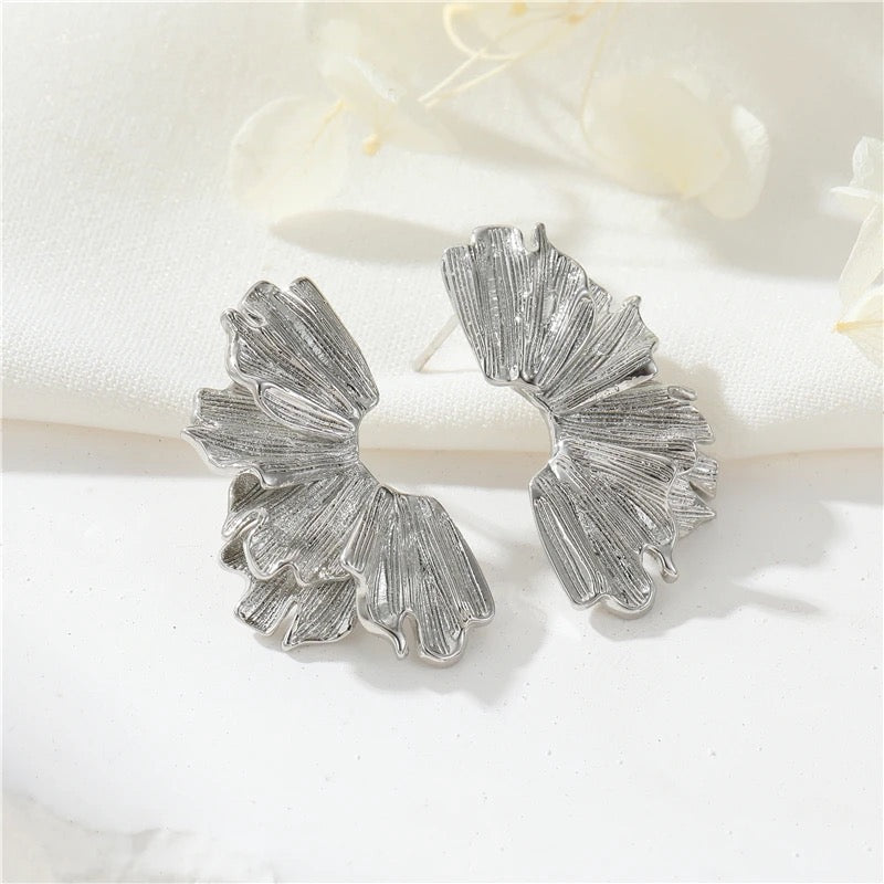 Semi Floral Silver Textured Drop Earrings