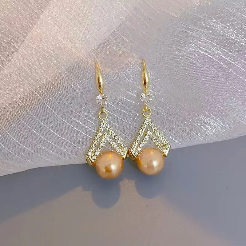 Hanging Gold Pearl Zircon Drop Earrings