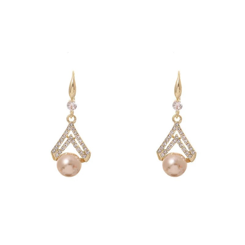 Hanging Gold Pearl Zircon Drop Earrings