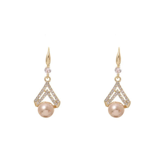 Hanging Gold Pearl Zircon Drop Earrings