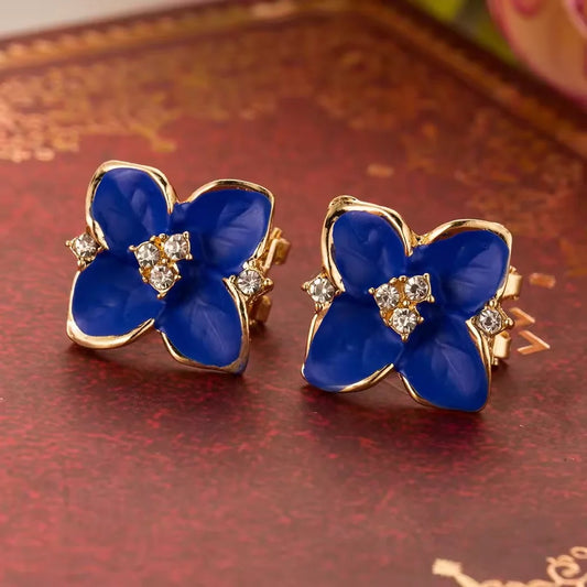 Navy Blue Gold Zircon Flower Stud Earrings