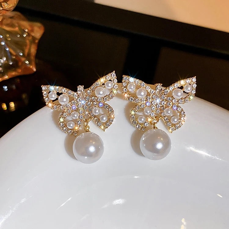 Zircon Butterfly Pearl DRop Earrings