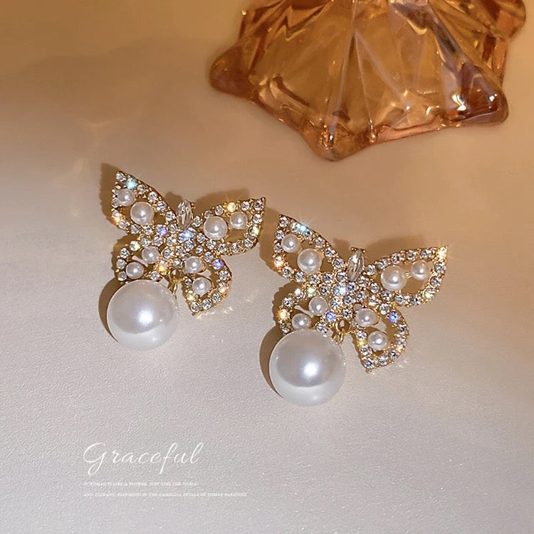 Zircon Butterfly Pearl DRop Earrings