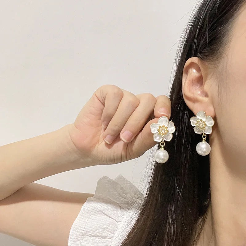 White Flower Pearl Drop Earrings