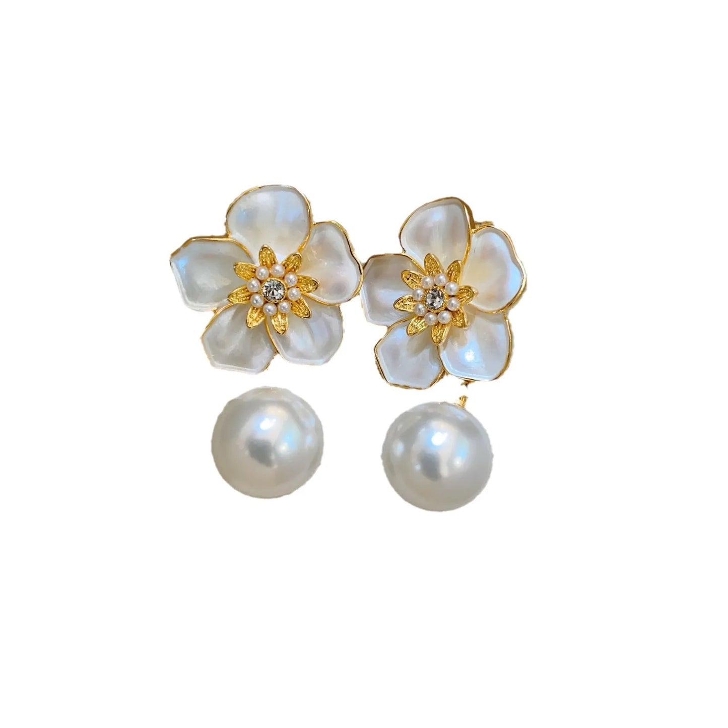 White Flower Pearl Drop Earrings