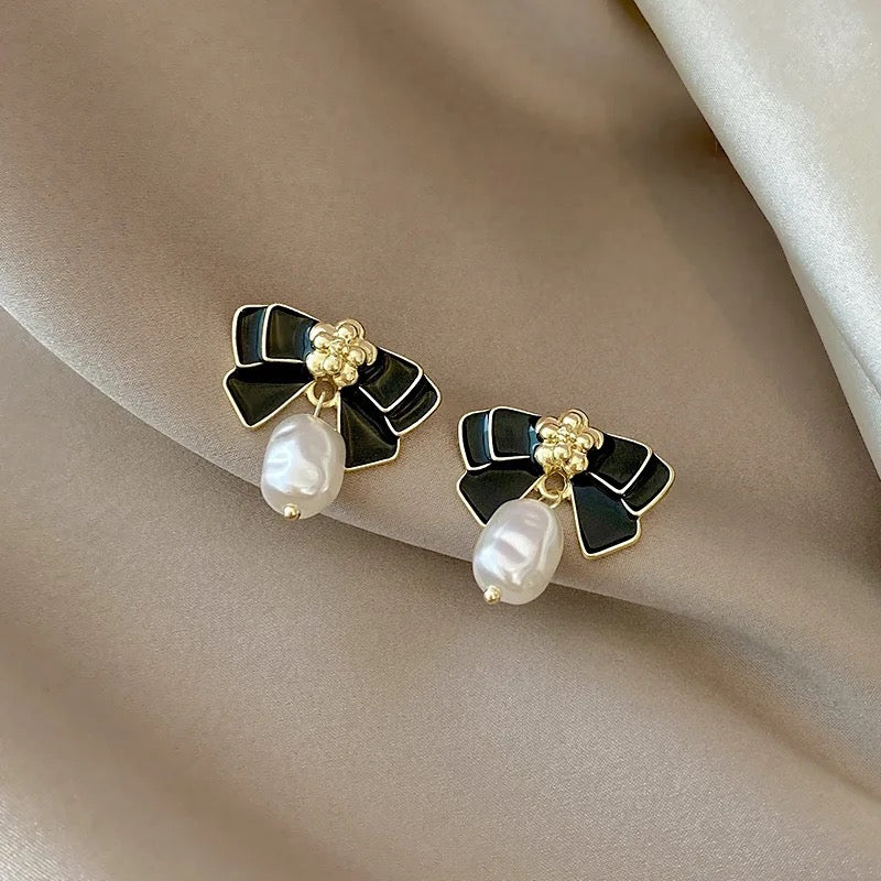 Black and White Bow Tie Drop Earrings