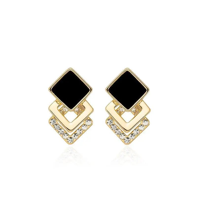 Trio Linked Square Zirconia Gold Drop Earrings