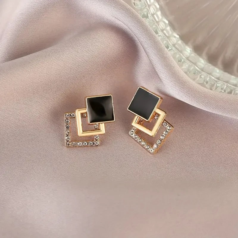 Trio Linked Square Zirconia Gold Drop Earrings