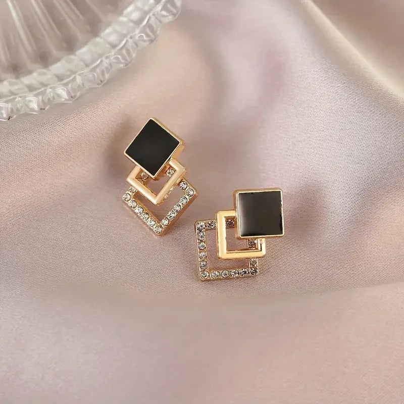 Trio Linked Square Zirconia Gold Drop Earrings