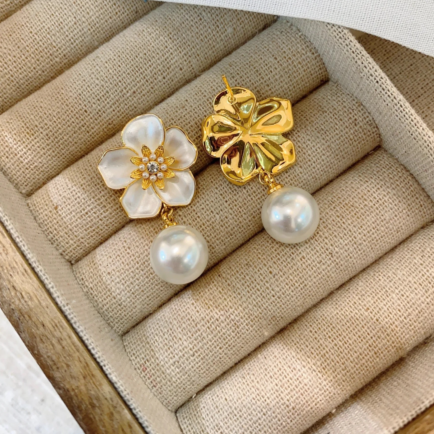 White Flower Pearl Drop Earrings