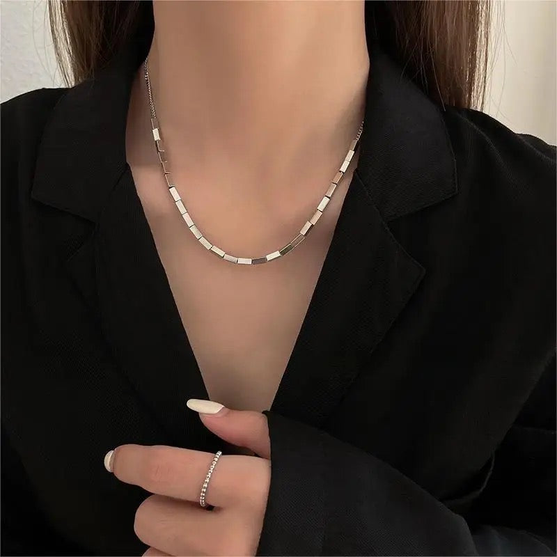 Silver Block Beads Pendant Necklace