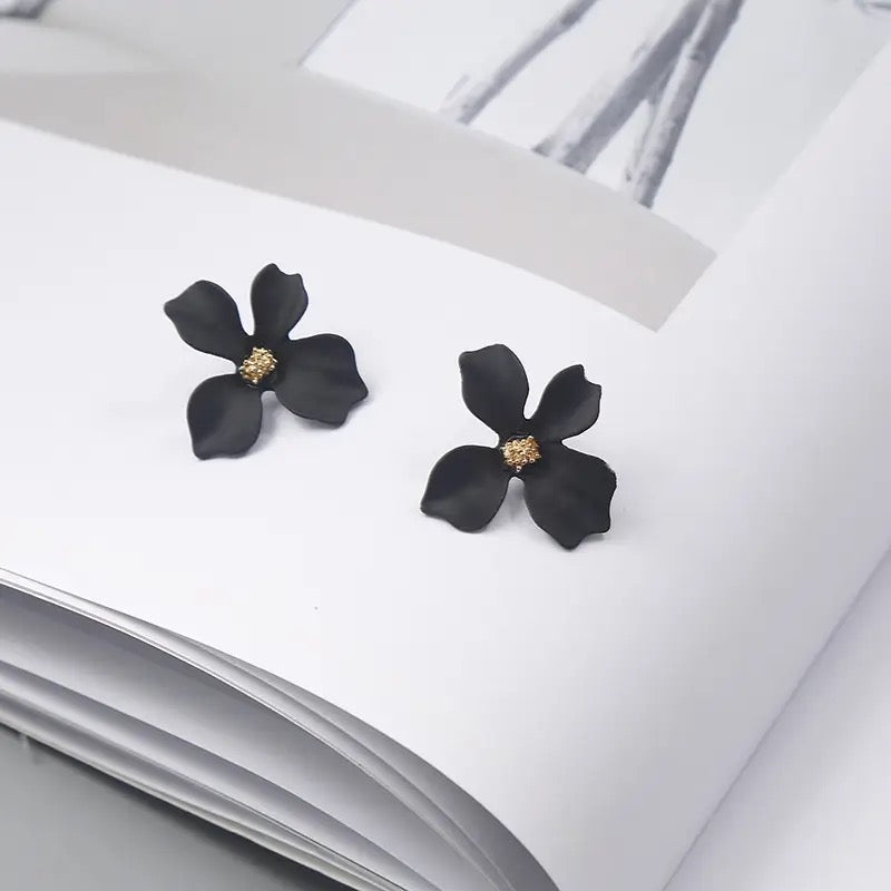 Black Four Leaves Floral Stud Earrings