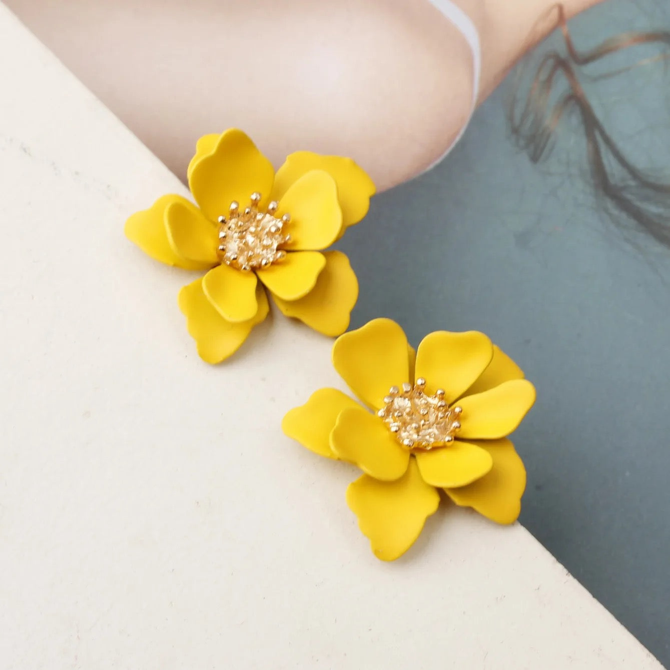 Yellow Multi Leaves Floral Stud Earrings