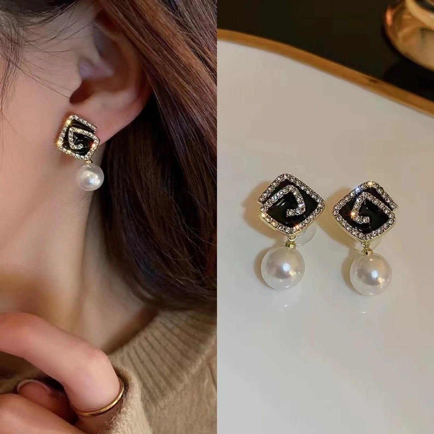 Korean Style Geometric Square Black Enamel Dangle Drop Earring