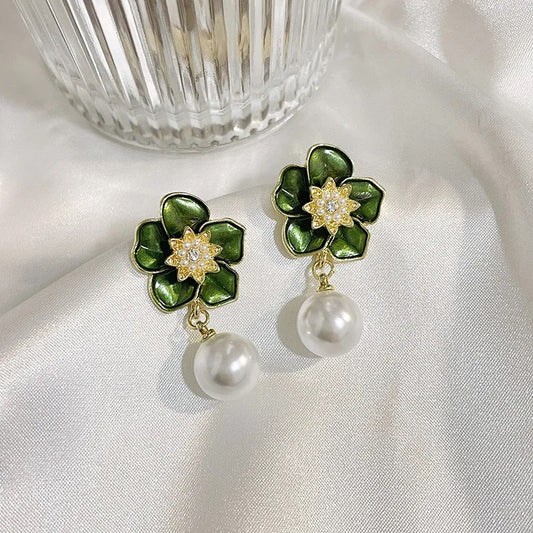 Green Flower Pearl Drop Earrings