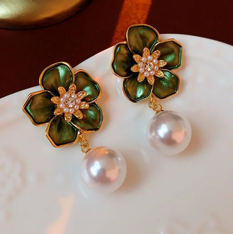 Green Flower Pearl Drop Earrings