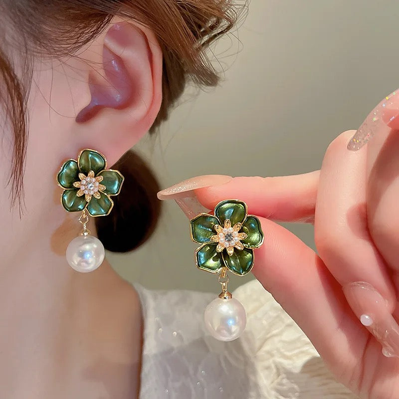 Green Flower Pearl Drop Earrings