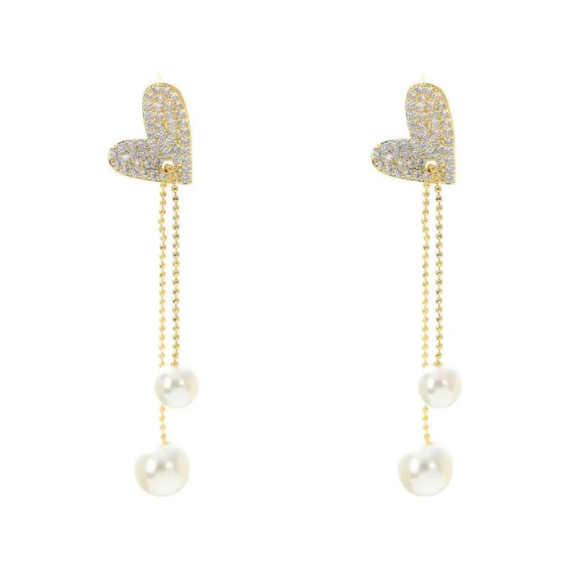 Mini White Pearls Zirconia Gold Heart Drop Earrings