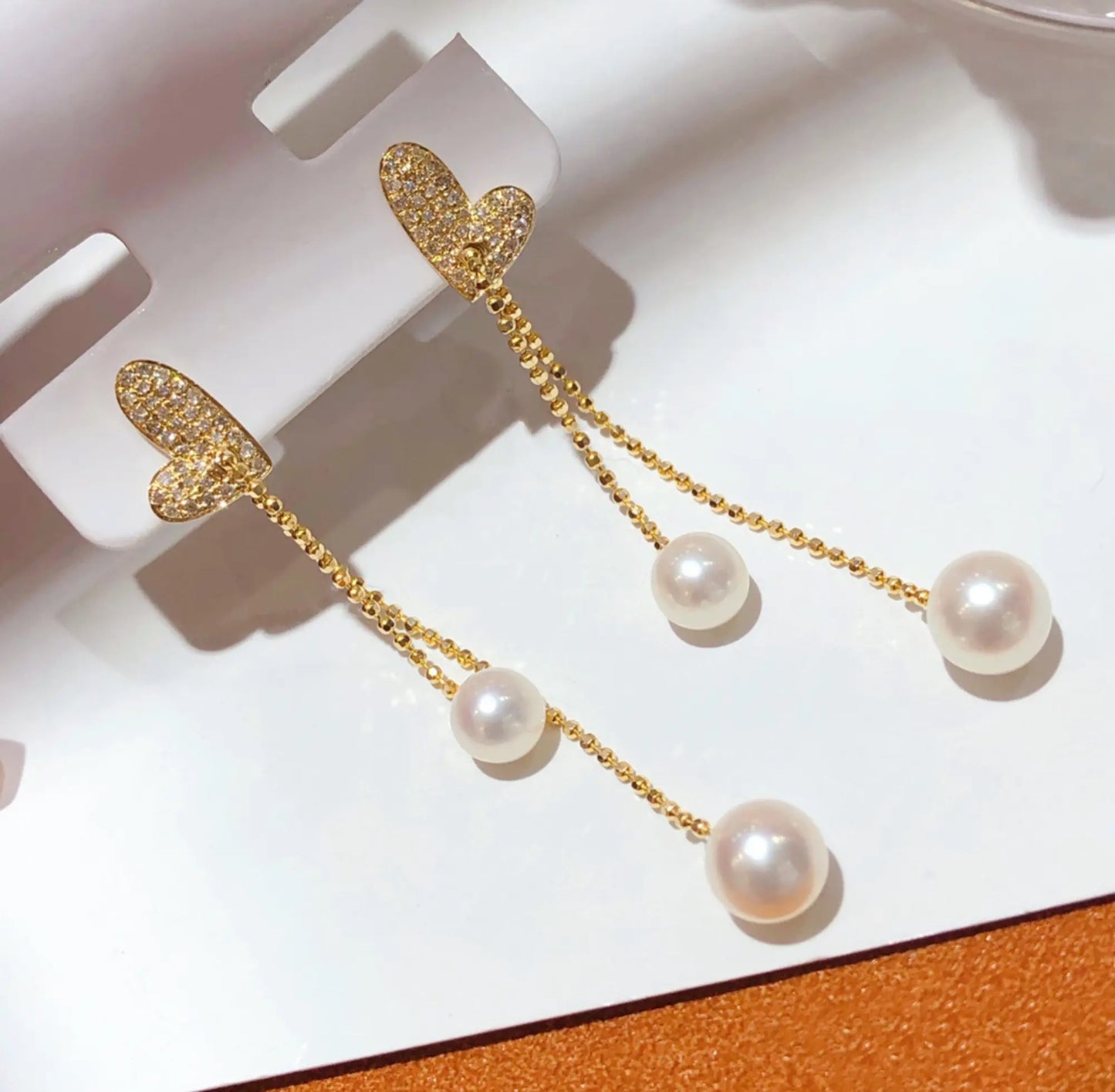 Mini White Pearls Zirconia Gold Heart Drop Earrings