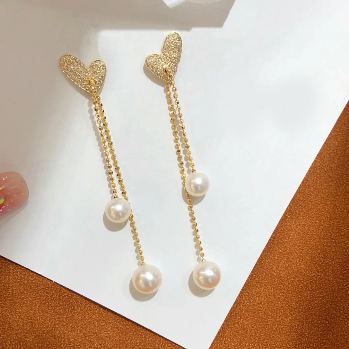 Mini White Pearls Zirconia Gold Heart Drop Earrings