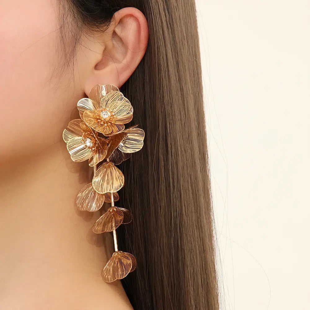 Gold Hanging Multi Leaves Floral Drop Earrings