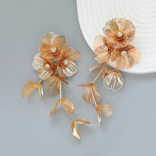 Gold Hanging Multi Leaves Floral Drop Earrings