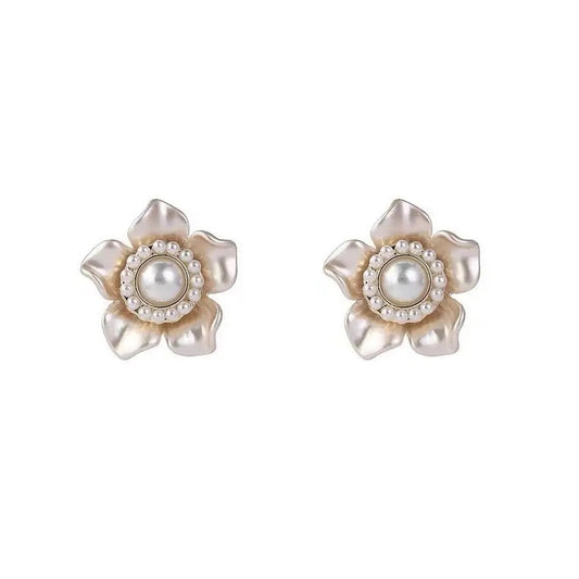 White Pearl Multi Leaves Stud Earrings