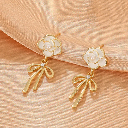 White Flower Gold Tie Drop Earrings