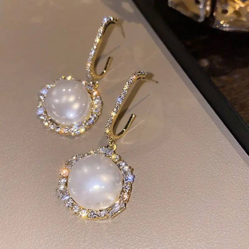 White Pearl Zircon Layered Gold Drop Earrings