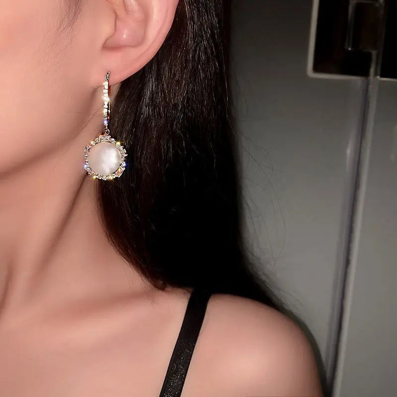 White Pearl Zircon Layered Gold Drop Earrings