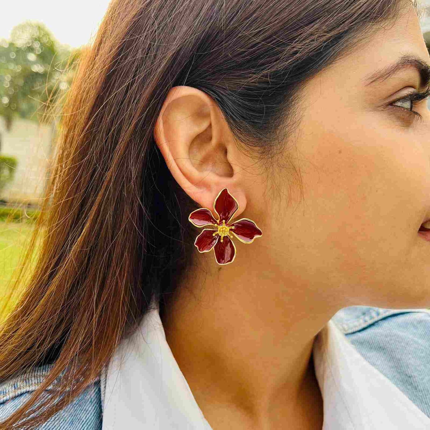 Maroon floral gold studs