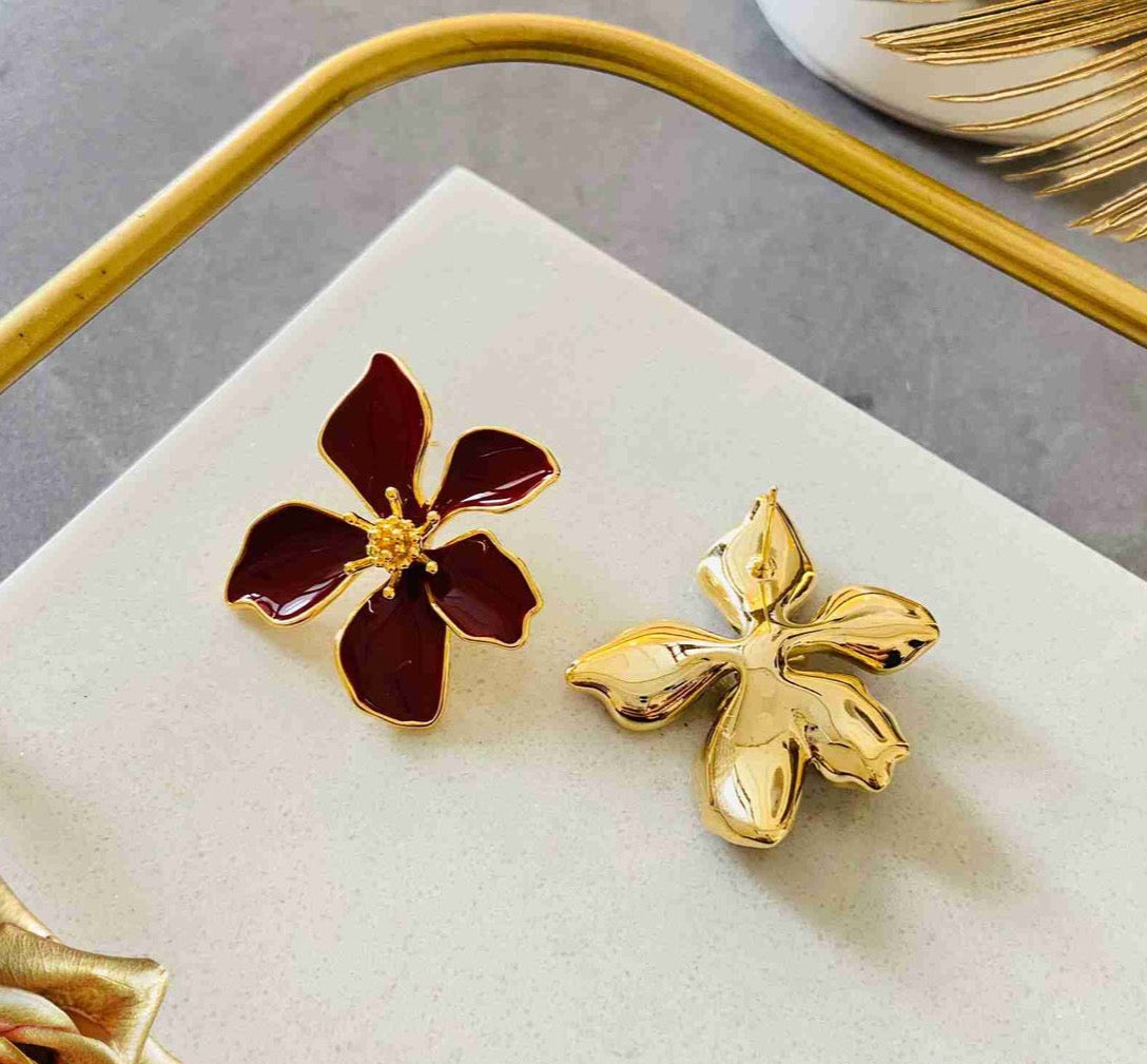 Maroon floral gold studs