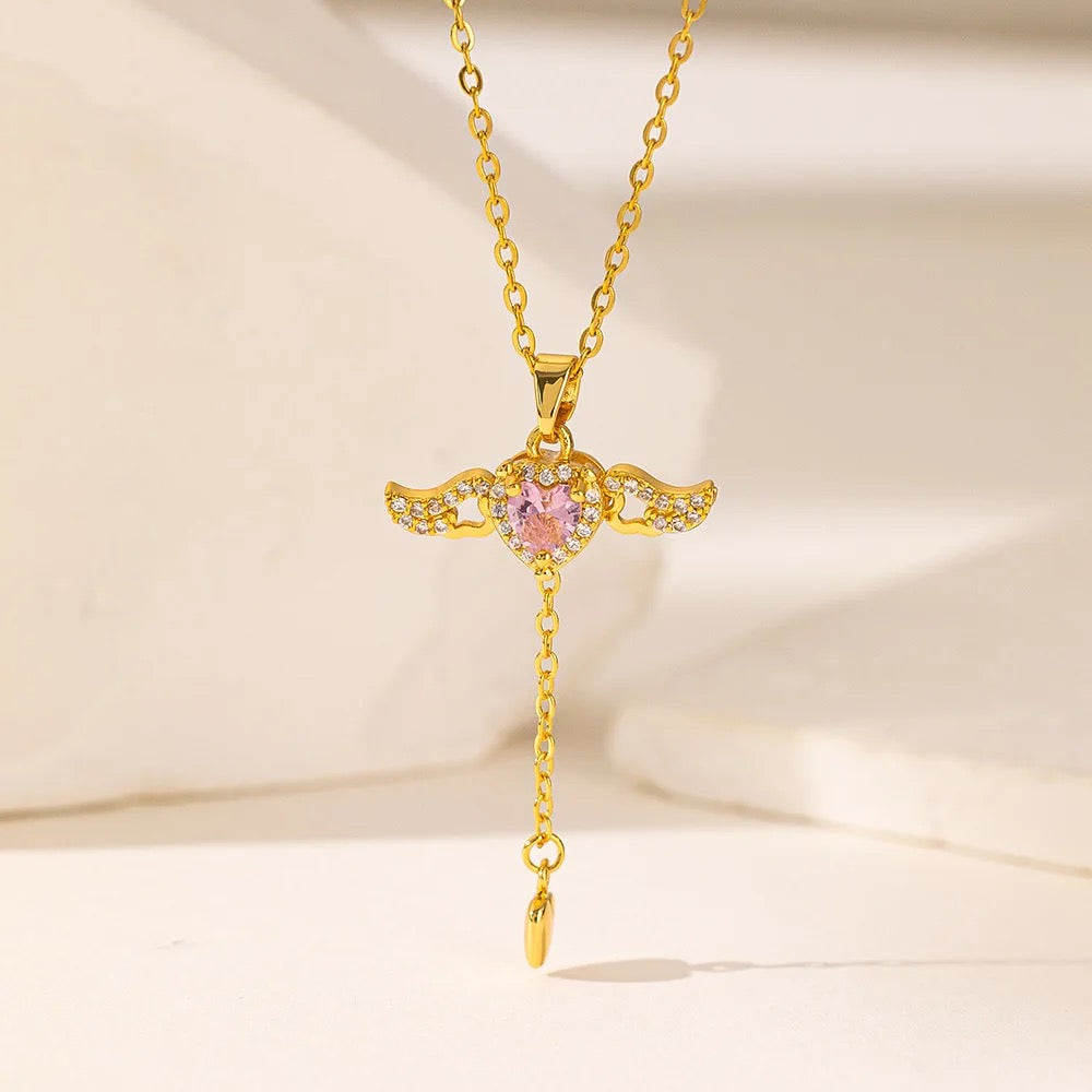 Angel Wings Saphire Stone Gold Pendant Necklace