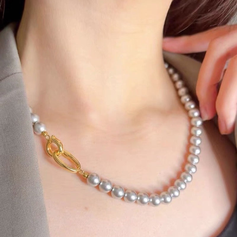 Grey Pearl Gold Link Necklace