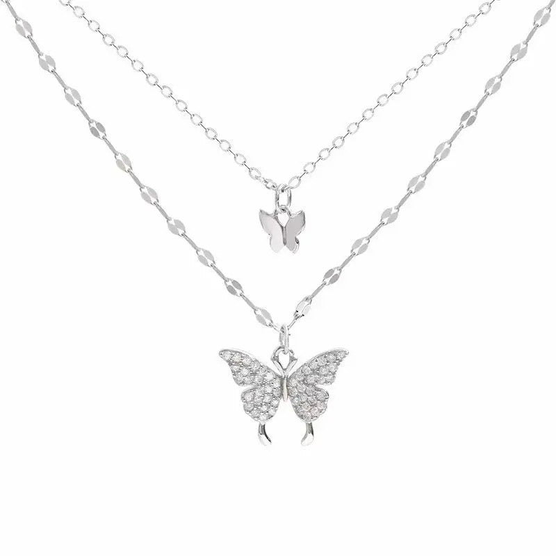 Multi Layer Silver Chain Butterfly Necklace