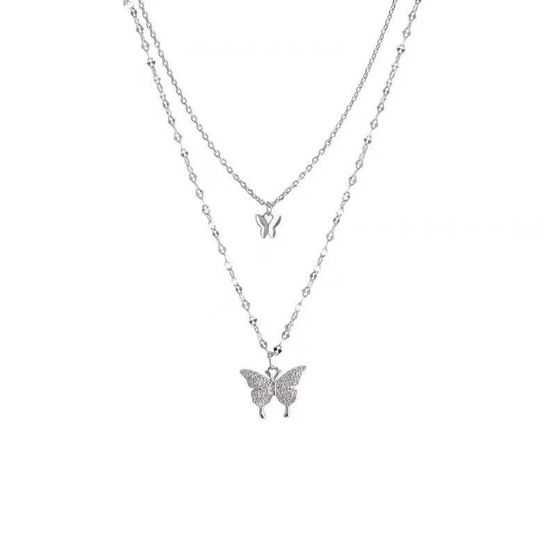 Multi Layer Silver Chain Butterfly Necklace